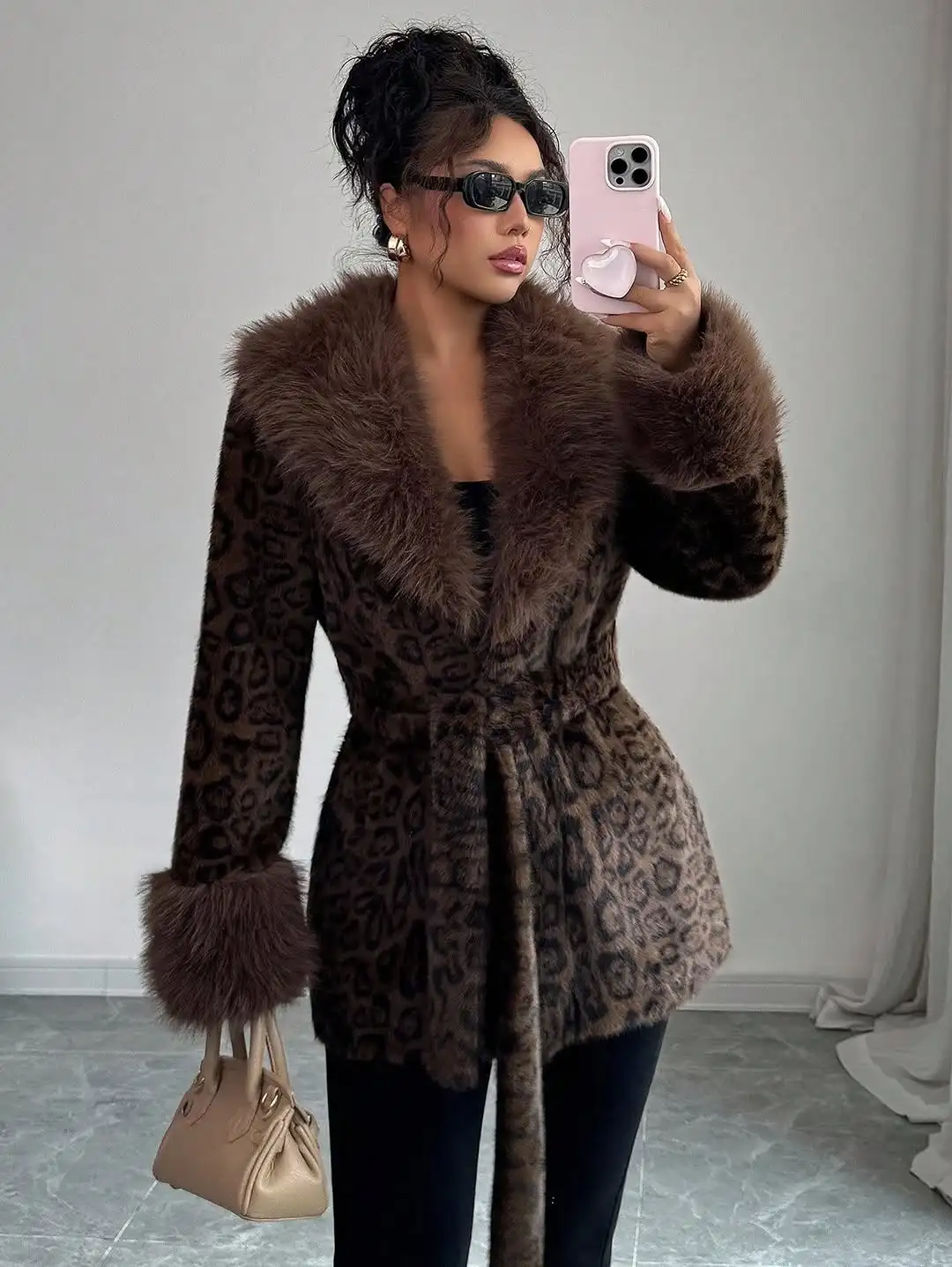 Fashion Lapel Leopard Print Faux Fur Jacket Women Luxury Full Sleeve Loose With Belt Warm Jackets Lady Winter Daily Street Coat