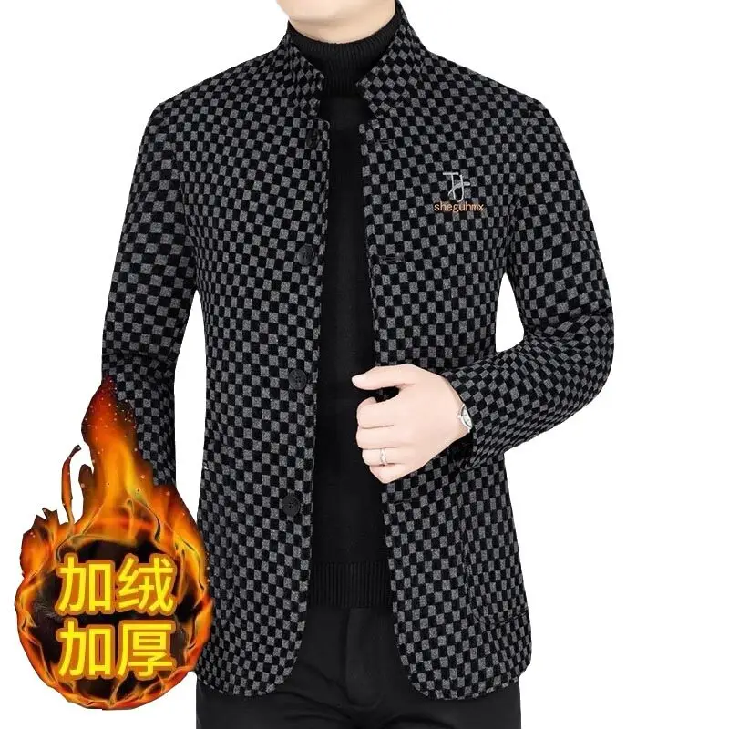 Korean Plaid Stand Collar Men's Woolen Jackets Winter Thick Warm Chenille Wool Blends Coats Casual Business Overcoat Streetwear