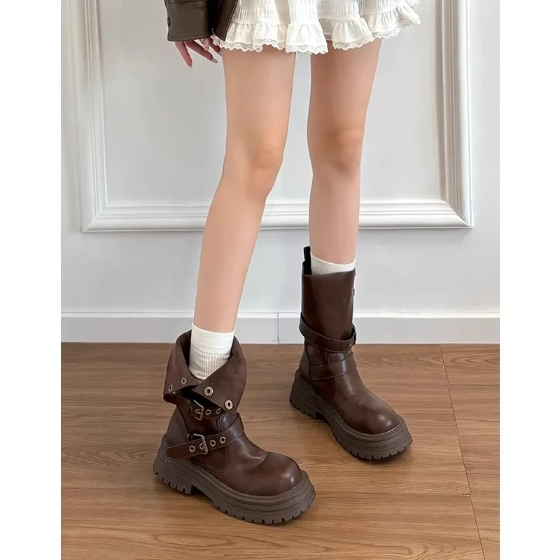 

Women's 2025 New Arrival Brown Ankle Boots Friendly Thick Soled Maillard Mid Calf Short Boots