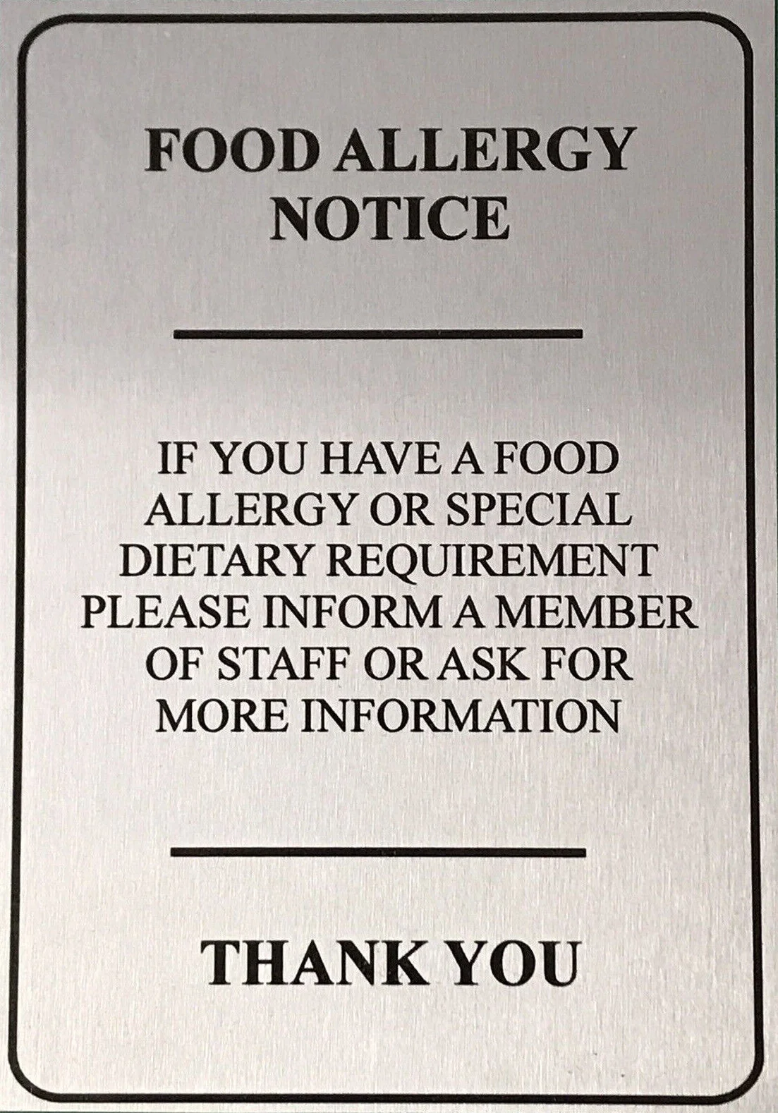 

Customized Food Allergy Safety Notice Signs Silver Plaque Shop Cafe Pub Aluminum Composite Panel Sign