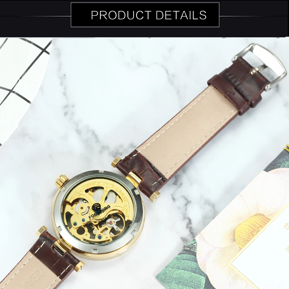 Forsining Fashion Luxury Skeleton Automatic Watch for Women Luminous Hands Elegant Gold Mechanical Ladies Watches Leather Strap