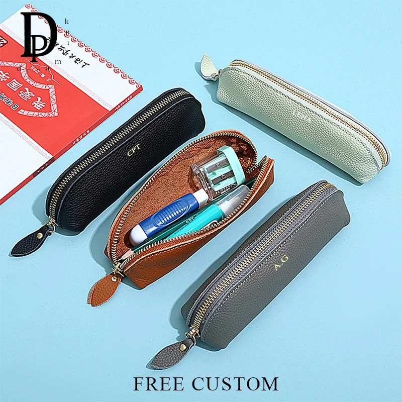 Cowhide Luxury Business Pen Pouch Custom Letters Travel Cosmetic Bag Zip Soft Real Leather Storage Bag Engrave Name Pen Bags