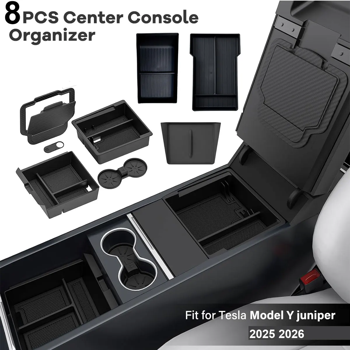 

8 шт. для Tesla Model Y Juniper 2025 2026 Органайзеры для центральной консоли и нескользящий коврик Верхний нижний коврик для беспроводной зарядки чашки воды