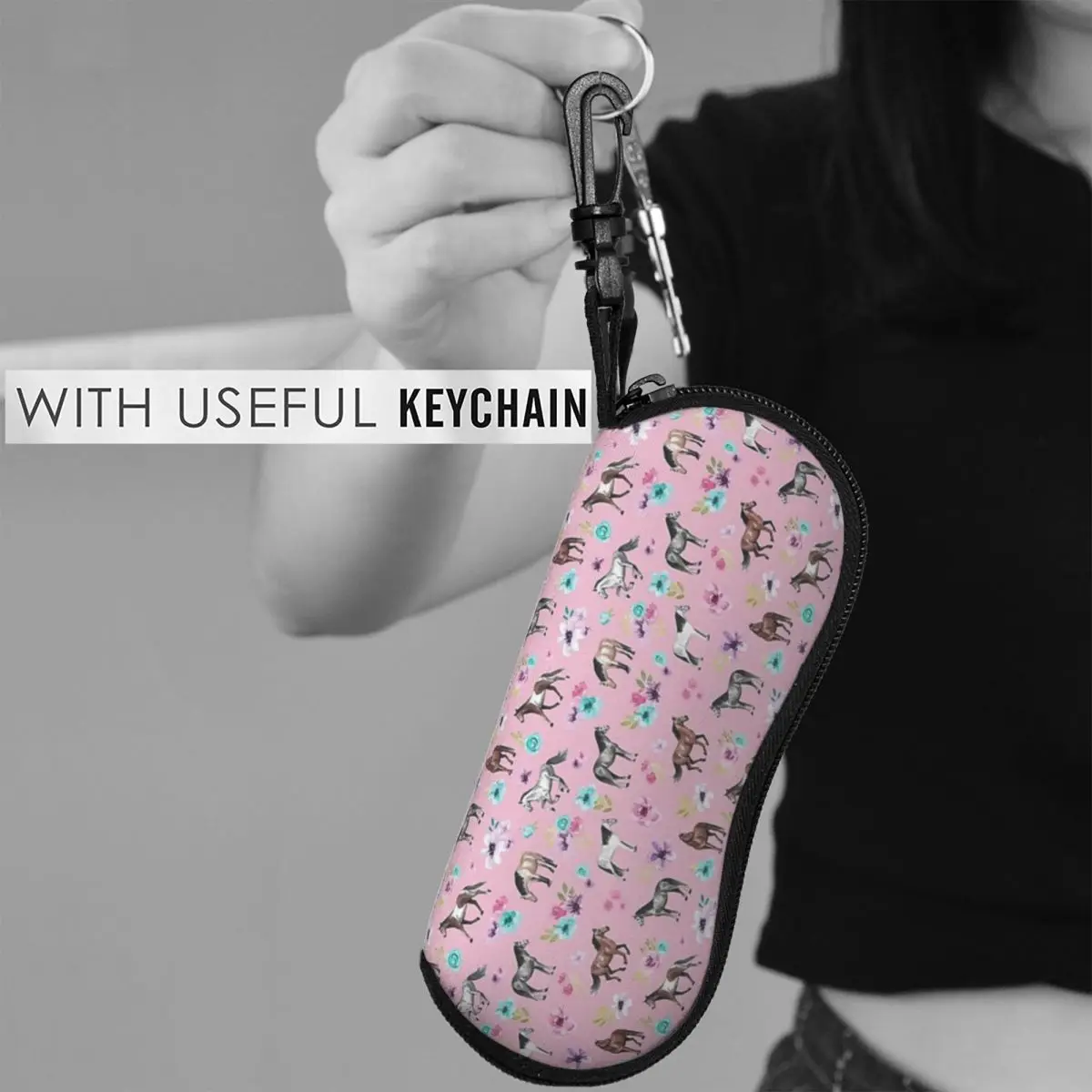 핑크색의 말과 꽃, 승마 예술, 말 장식, 카우걸, 말 패턴 안경 케이스 선글라스 상자 안경 가방 파우치