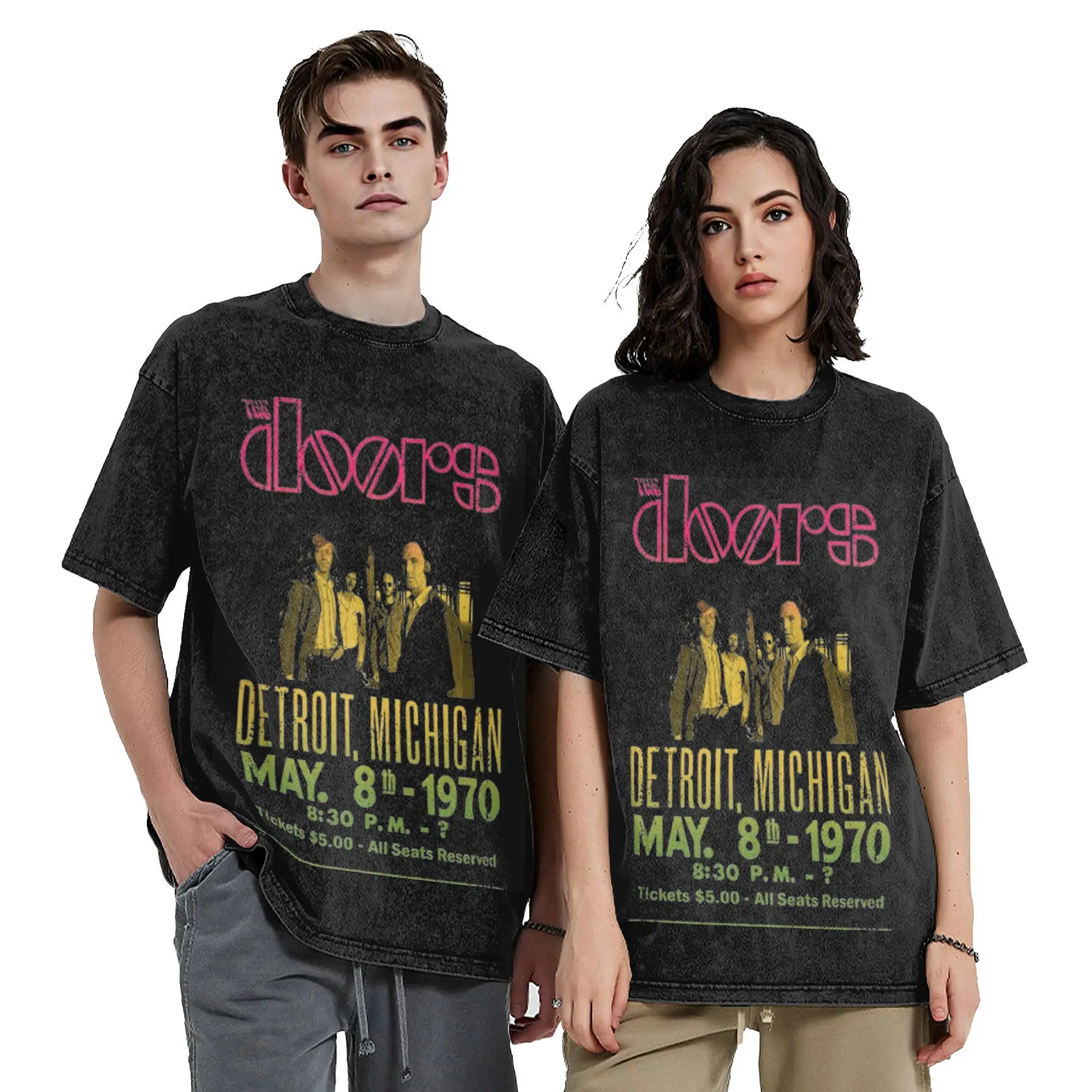 Men Women Harajuku Washed T-shirts Jim Morrison The Doors Rock Band Printed Shirt Apparel Harajuku  Tees Tops