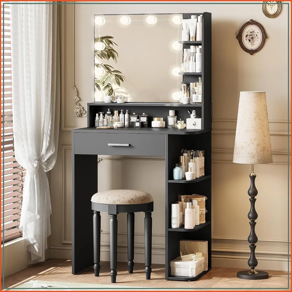 Makeup Vanity Desk with LED Mirror, 26.4in, 3 Light Modes, Black, Drawer & 6 Shelf Storage