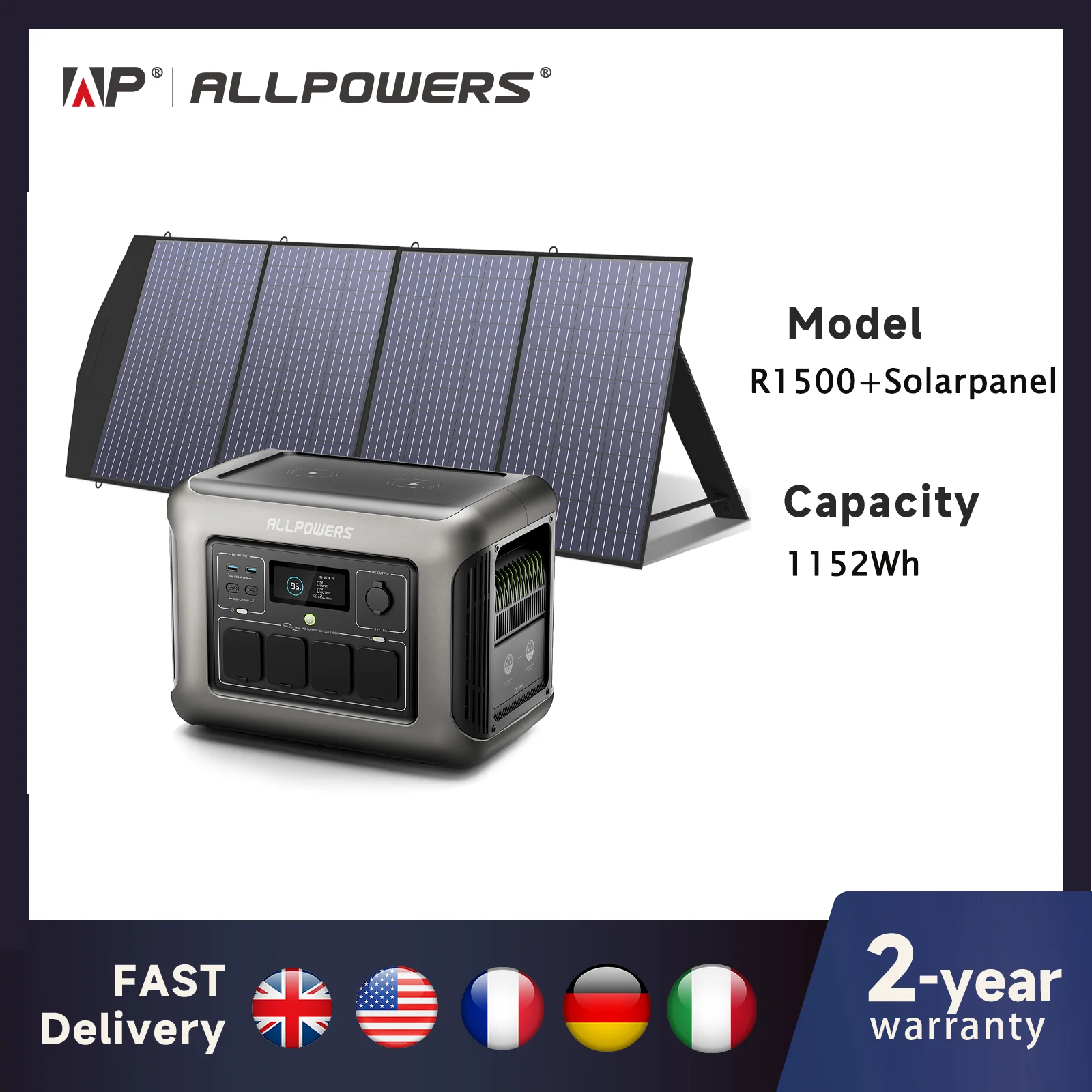 

Портативная электростанция ALLPOWERS R1500 с солнечной панелью 100 Вт/200 Вт, Вт/ч, солнечный генератор переменного тока LiFePO4 для освещения сада