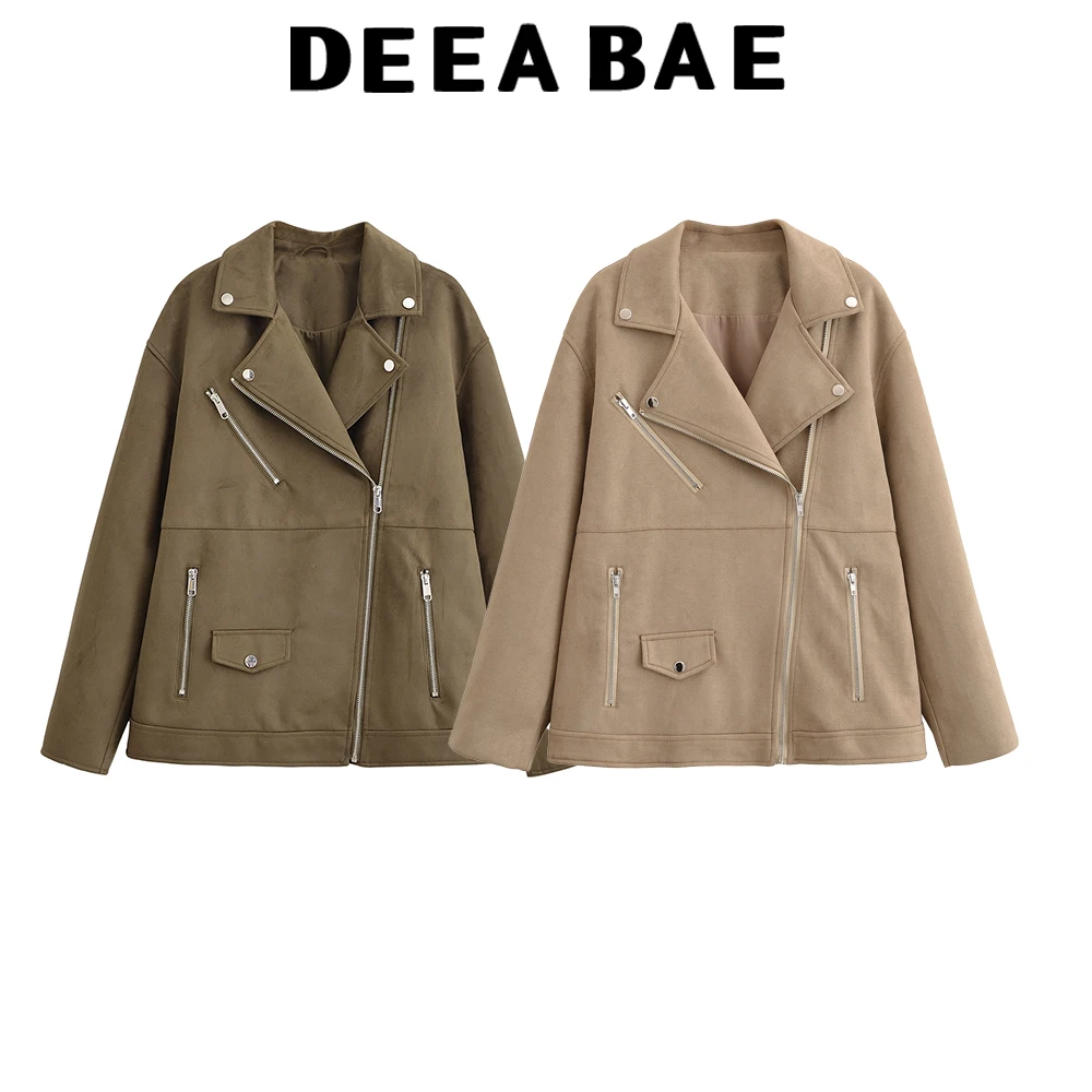 

DEEABAE Autumn new product American style lapel loose long sleeved suede effect motorcycle jacket jacket