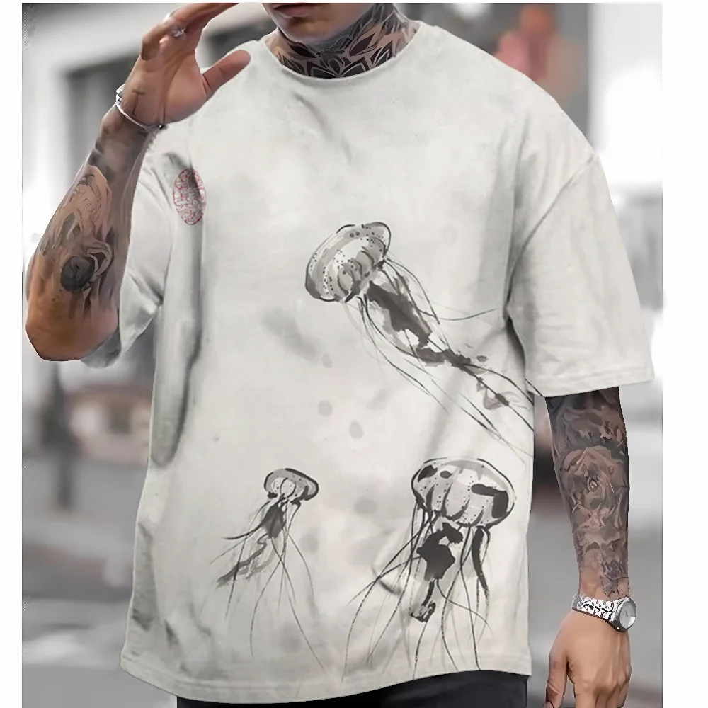 T-Shirts For Men Japanese Wave Dolphins Printing Tops Fashion Casual Soft Short Sleeve Crew Neck Loose Tees Oversized Clothing