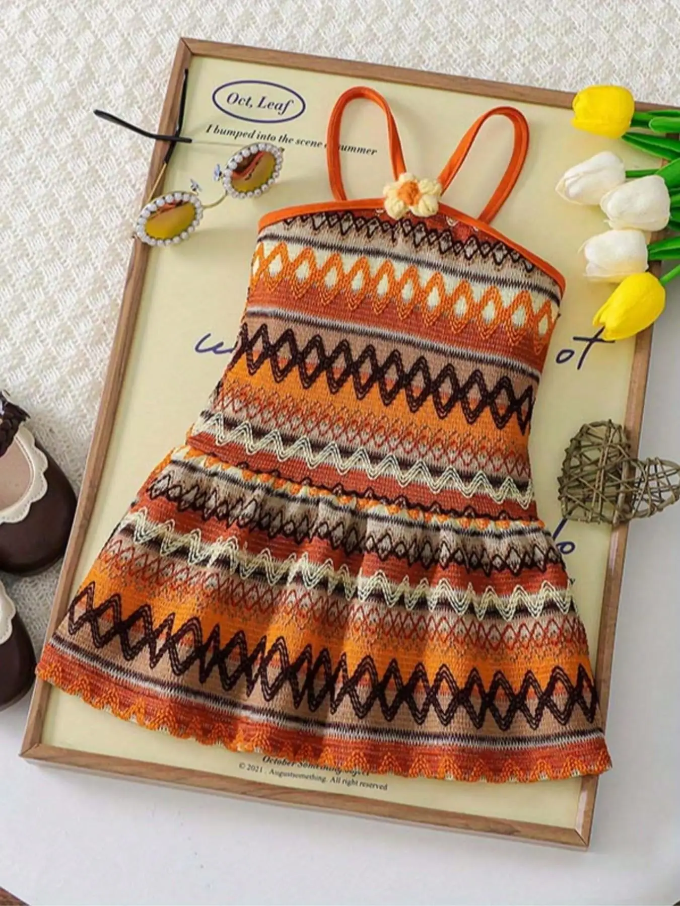 Bohemian Little Girl Spaghetti Strap Dress Tiered Ruffle Hem Knit Design Slim-Fitting Casual Style Kids Party Travel Wear