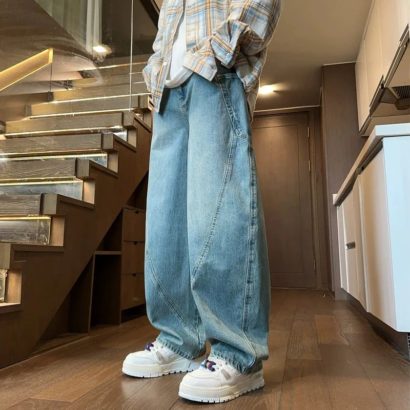 

American Retro Washed Blue Jeans for Men Fashion Curved Blade Loose Wide-Leg Denim Pants High Waist Straight-Leg Casual Jeans