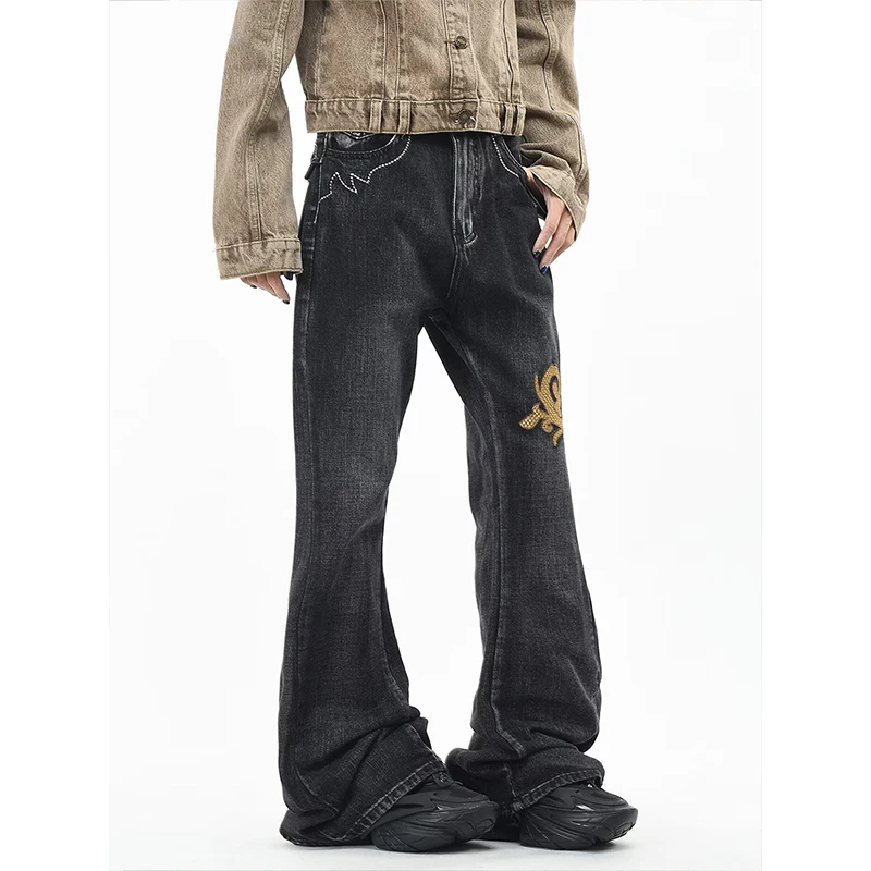 Loose Fit Casual Black Denim Jeans Women's Wide Leg Pants Original Cowboys Machine Embroidery Straight Cut Autumn Season