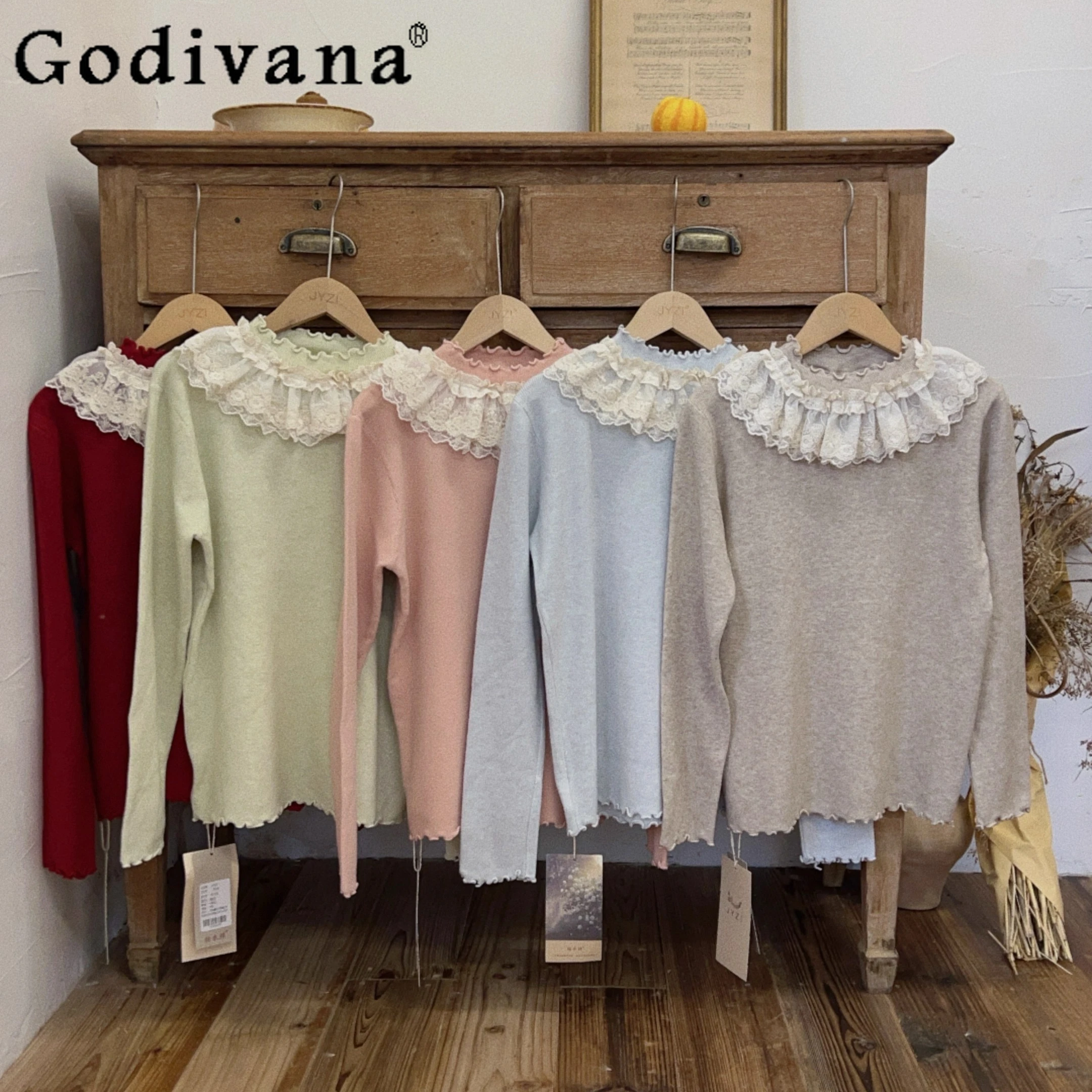 

Japanese Mori Girl Cla Knitted Top Spring and Autumn New 2025 Cute Girl's Sweet Lace Edge Lolita Knitted Top Bottoming Pullover