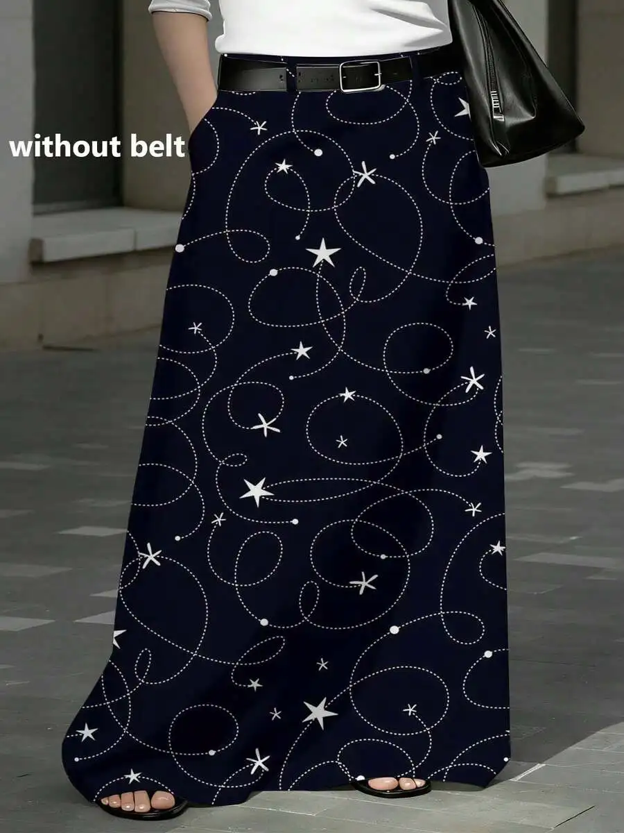 

Plus Size Women Maxi Skirt Straight Cut With Pockets Star Print Casual Holiday Wear