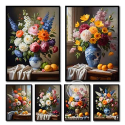 Blooming Flowers Bouquet Porcelain China Vase Still Life Poster and Print Canvas Painting Wall Art Picture for Room Home Decor
