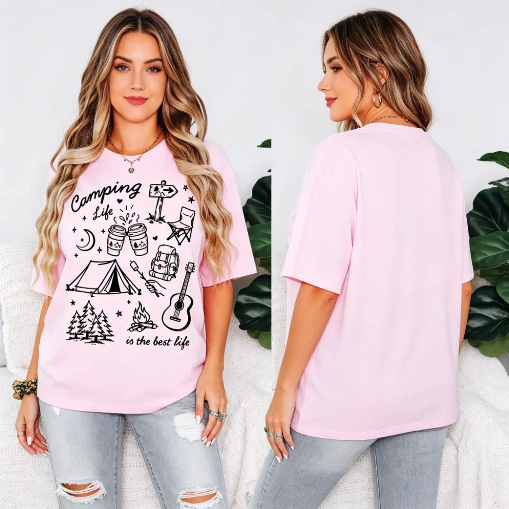 Camping Life Shirt Camping Tees Women Outdoor Adventure Campfire O-neck Design Shirt Hiking Clothes Nature Lover Gift