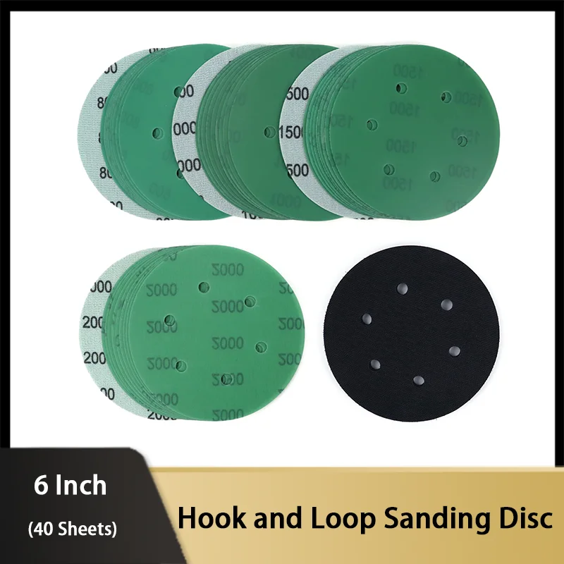 

6 Inch 6 Holes Wet and Dry Hook Loop Sanding Discs 40 Pcs with Interface Pad for Polishing Car Body Wood Sanding and Metal