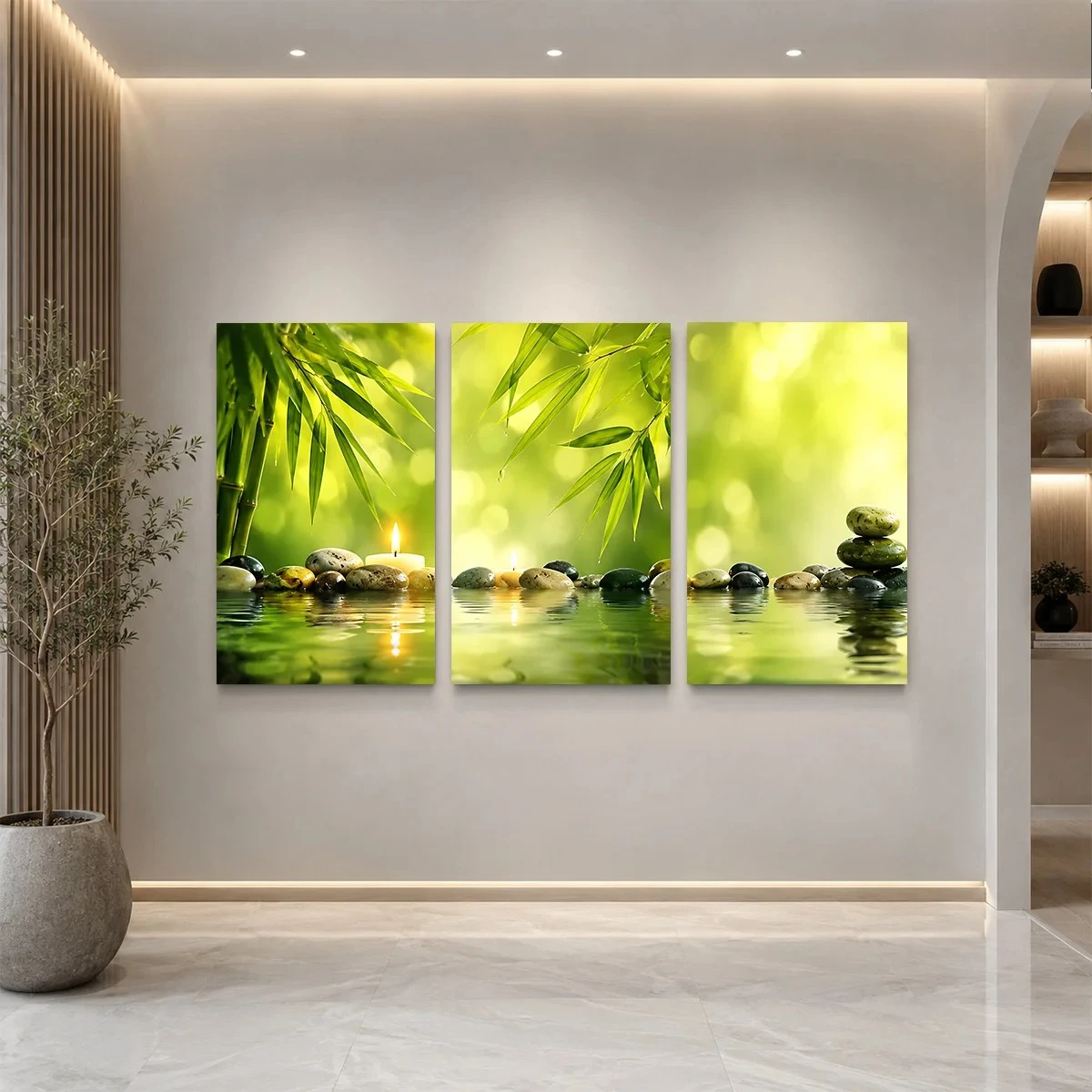 2D Flat 3PCS - Three panels with bamboo leaves stones and lit candles on water Themed Canvas Wall Art, Waterproof Prints Read