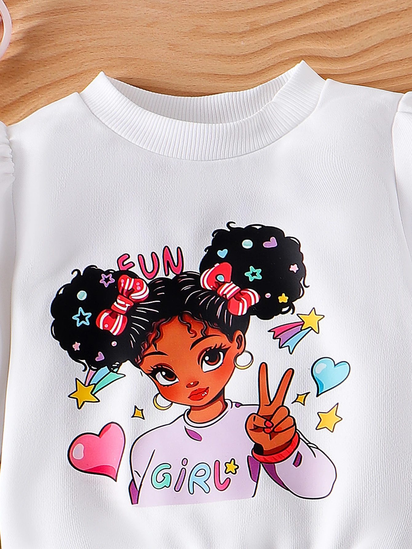 2CPS Autumn New Style For Girls And Babies Daily Sweet Bubble Sleeves Girl Pattern Top + Denim Flared Trousers