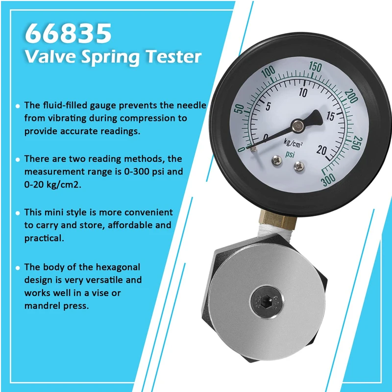 66835 Universal Mini Valve Spring Tester 0-300 Psi and 0-20 Kg/cm2 ,Quick & Easy Way to Check Valve Spring Pressure