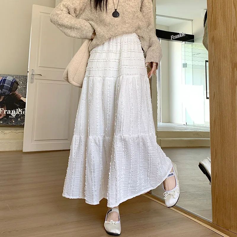 Korean Patchwork A-line Skirts Female Harajuku Elastic High Waist Loose Long Skirt Fashion Casual Wide Hem Skirts Women Clothing