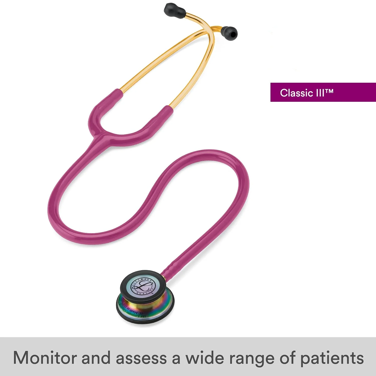 

Classic III Monitoring For 3M Littmann Stethoscope,Rainbow-Finish Chestpiece, Stem Gray Headset Raspberry Tube 27 Inch 5806