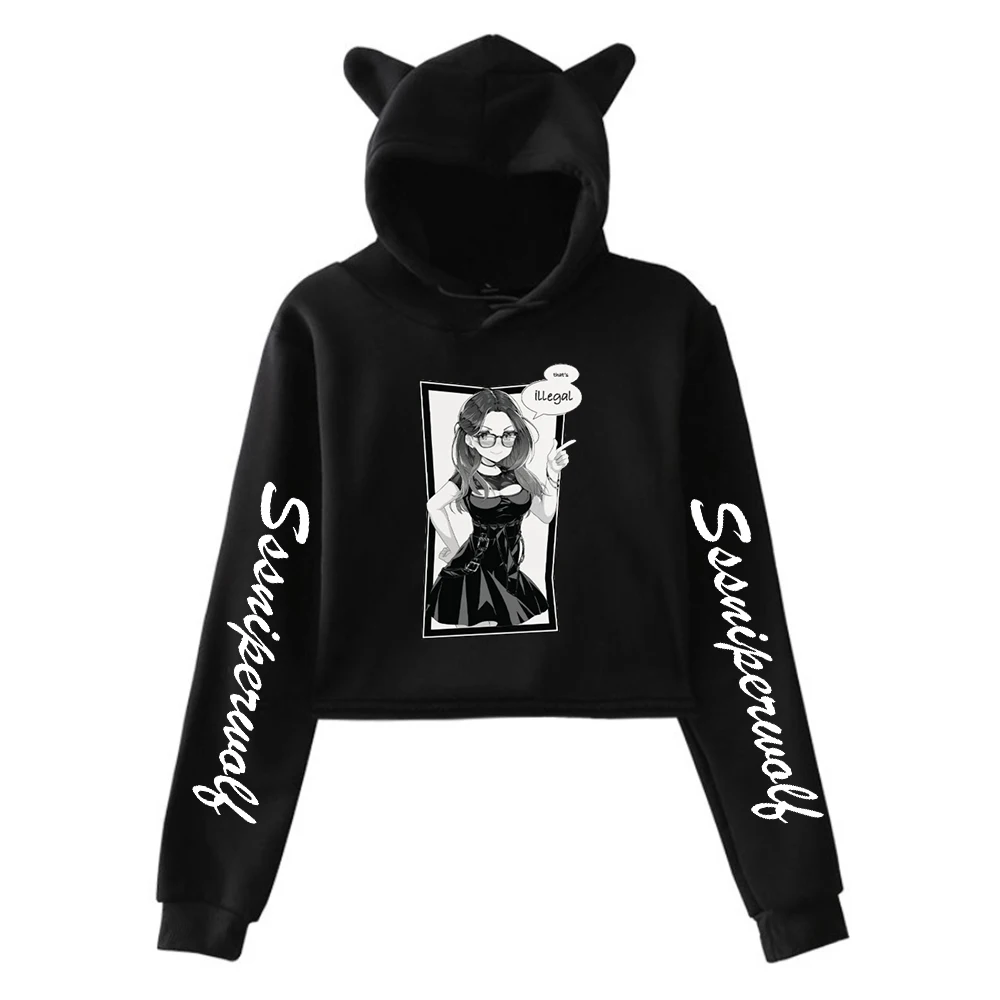 Newest Girl Hip Hop  that's illegal Pullover Cat Ears Hoodie Long Sleeve Sweatshirt Female Crop Top Women's Fashion Clothing