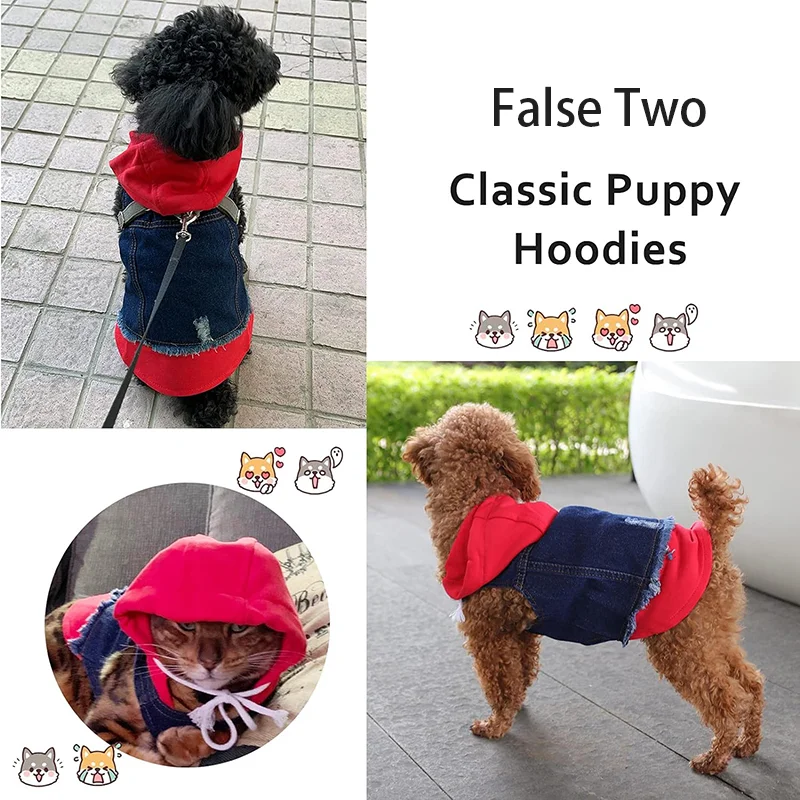 Pet Clothes Dog Jeans Jacket Layered Drawstring Hood Denim Jacket False Two Coat Clothing for Small Medium Dogs Cats Red/Black