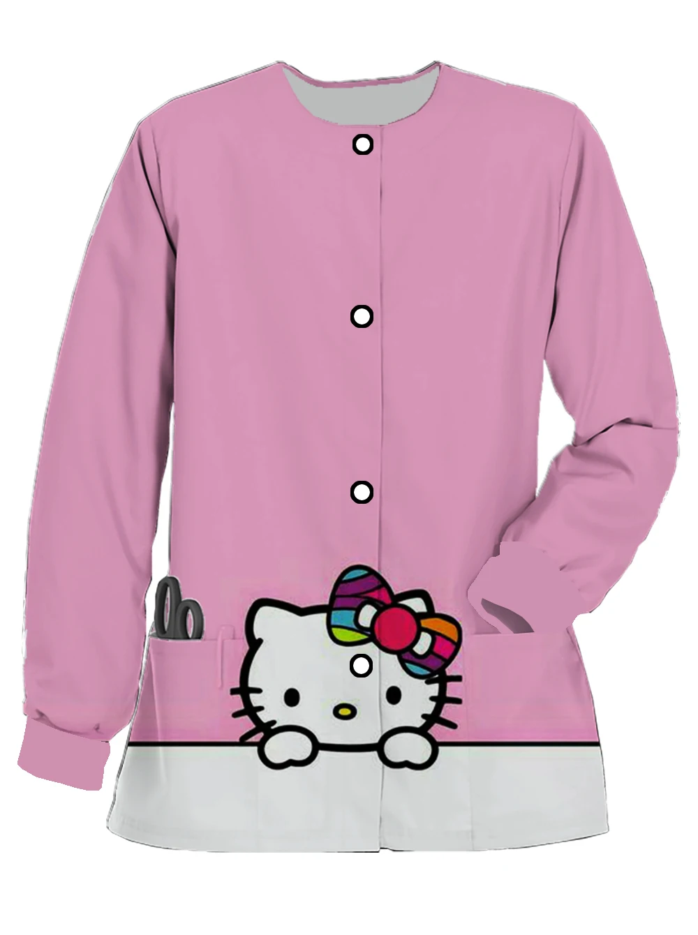 

Cardigan women's clothing ladies trend Hello Kitty 2024 nurse jacket pocket long-sleeved round neck jacket women's doctor coat b