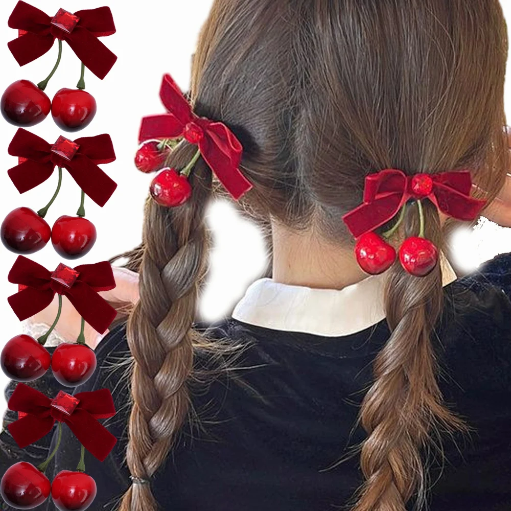 1/4pcs Red Velvet Cherry Hairpins Resin Fruit Girls Bow Hairbows Ornament Versatile Sweet Pastoral Hair Clip Hair Accessories