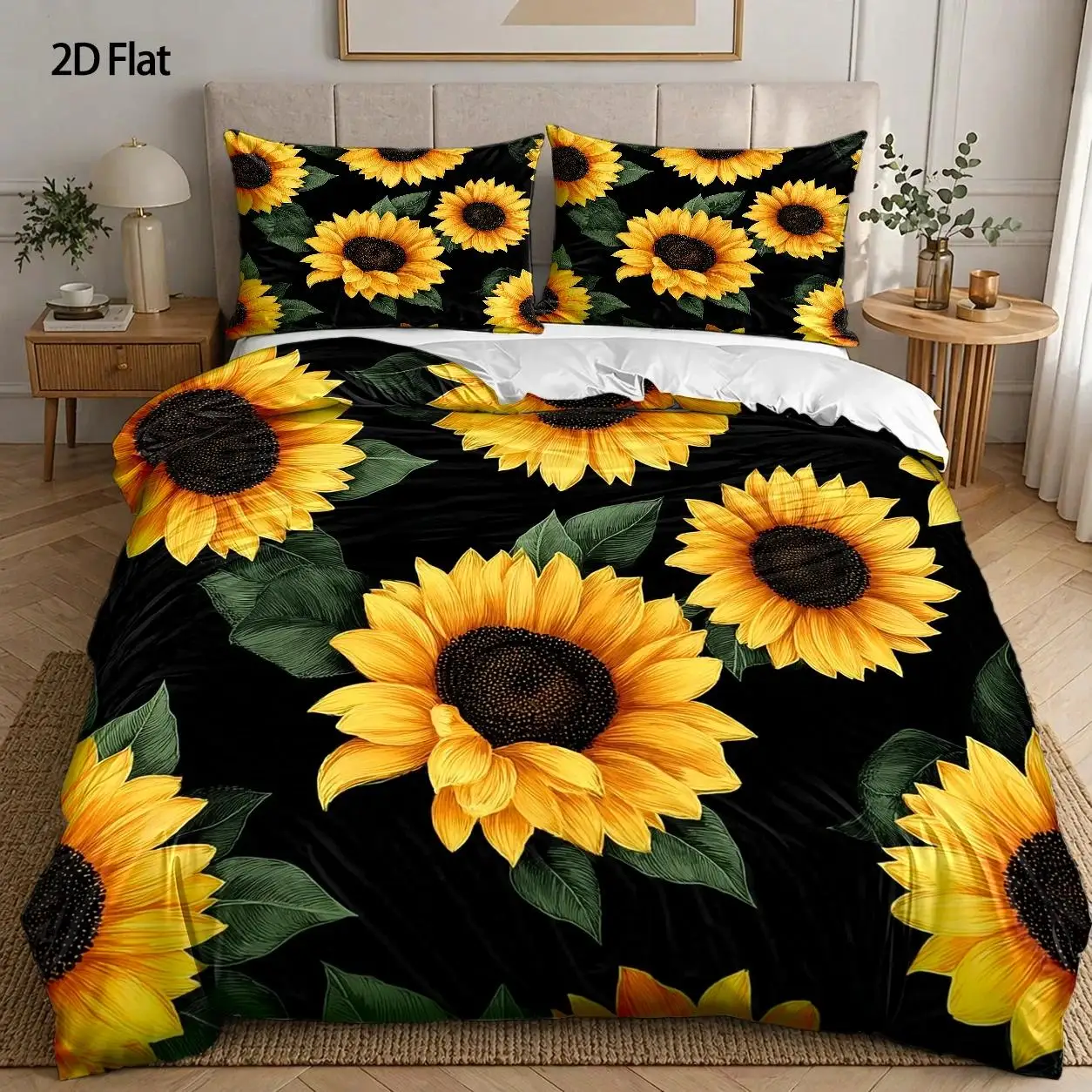 3-Piece Quilt Cover Set, 1 Quilt Cover + 2 Pillowcases (Without Filling), Sunflower Pattern, Vintage Style, Spring, Large Size, Suitable for All Seasons, Machine Washable, Invisible Zipper, Suitable for Home, Dormitory, Master Bedroom, Guest Room