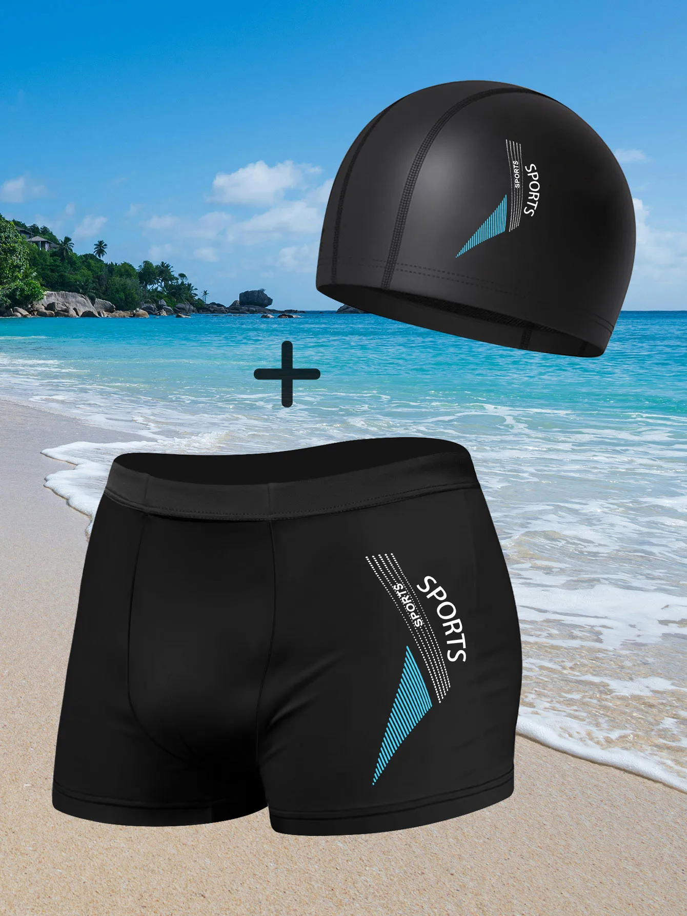 Slim-Fit-Badeshorts für Herren mit modischen Aufdrucken, schnell trocknende Badebekleidung, Badebekleidung mit Sport-Buchstaben-Aufdruck + kostenlose Badekappe