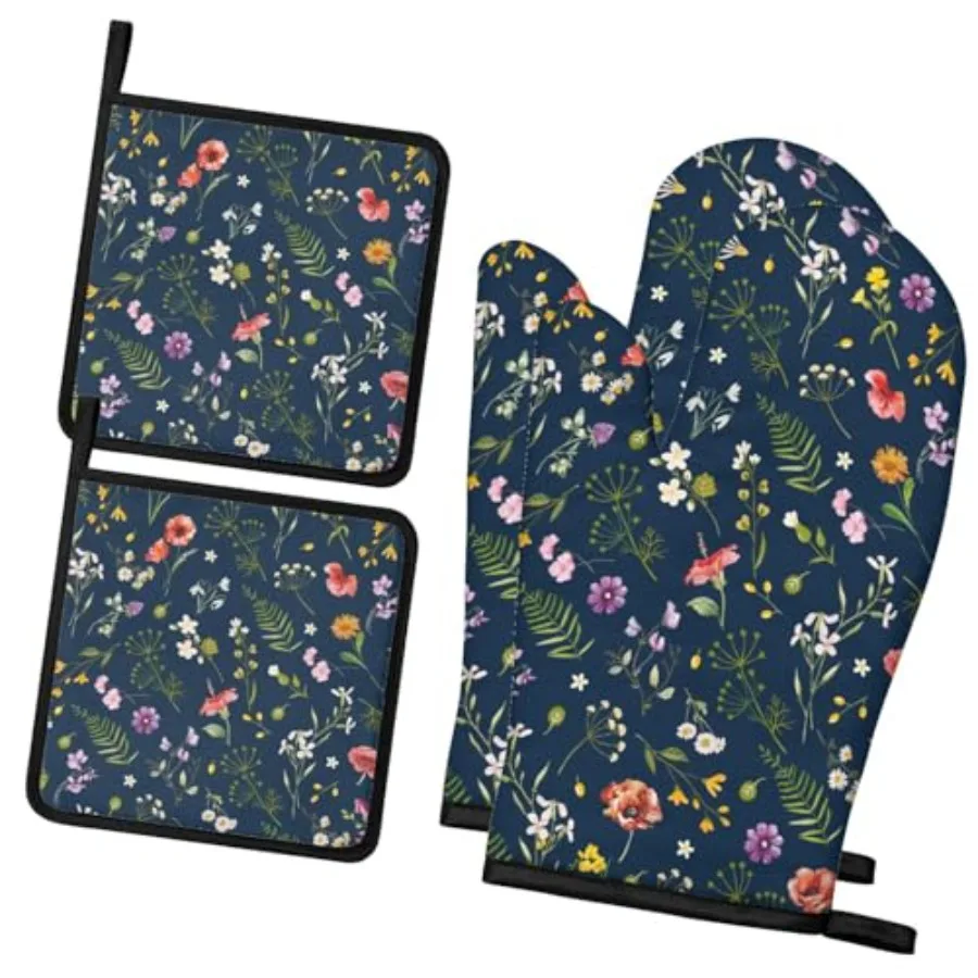 Floral Oven Mitts and Pot Holders Sets of 4 Heat Resistant Flower Gloves Gifts for Women 4pcs Oven Gloves Hot Pads for Kitchen