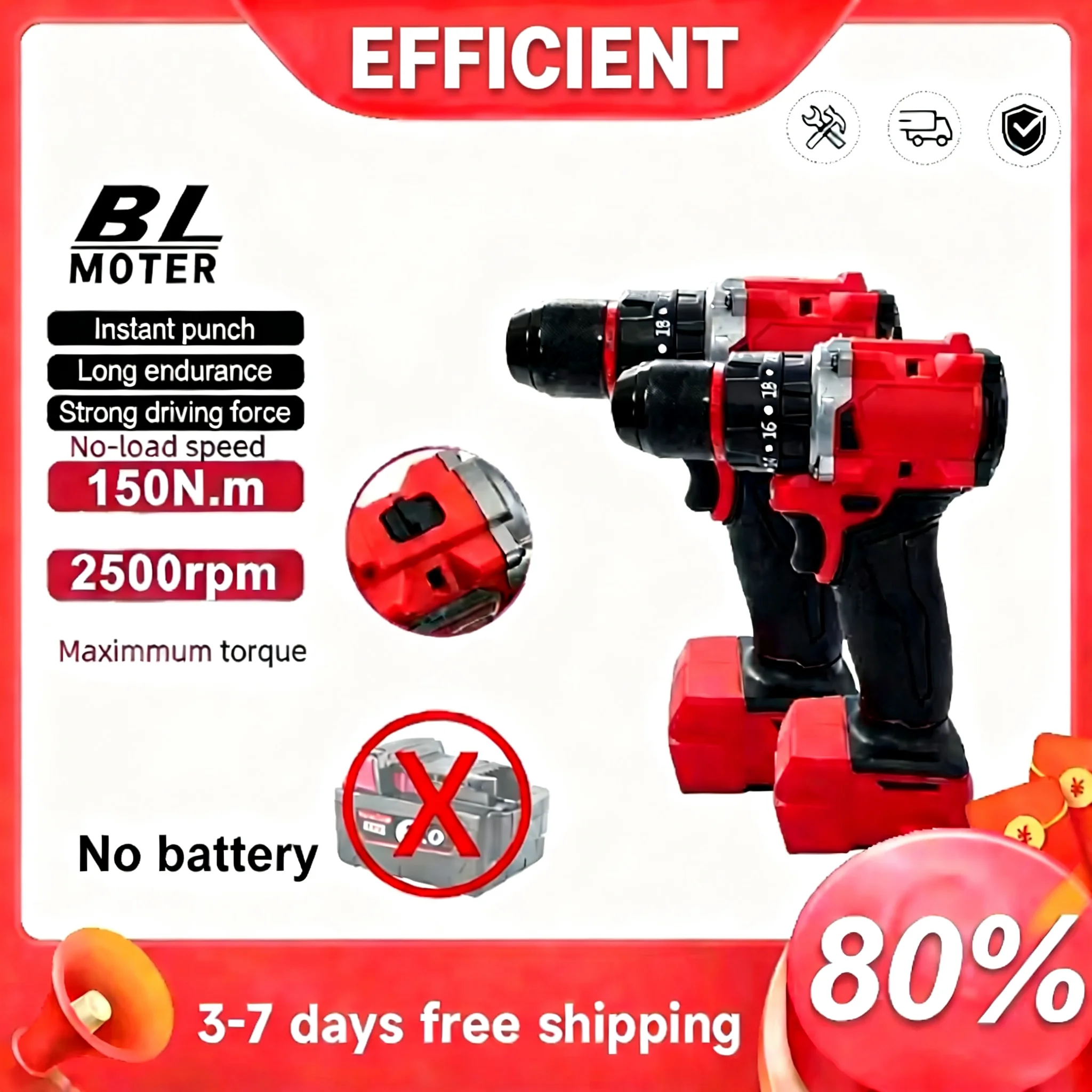 Small Electric Drill 150N.m brushless Cordless Impact Drill For Milwaukee 18-20V Battery Pin Decoration Team UsesTool-No battery
