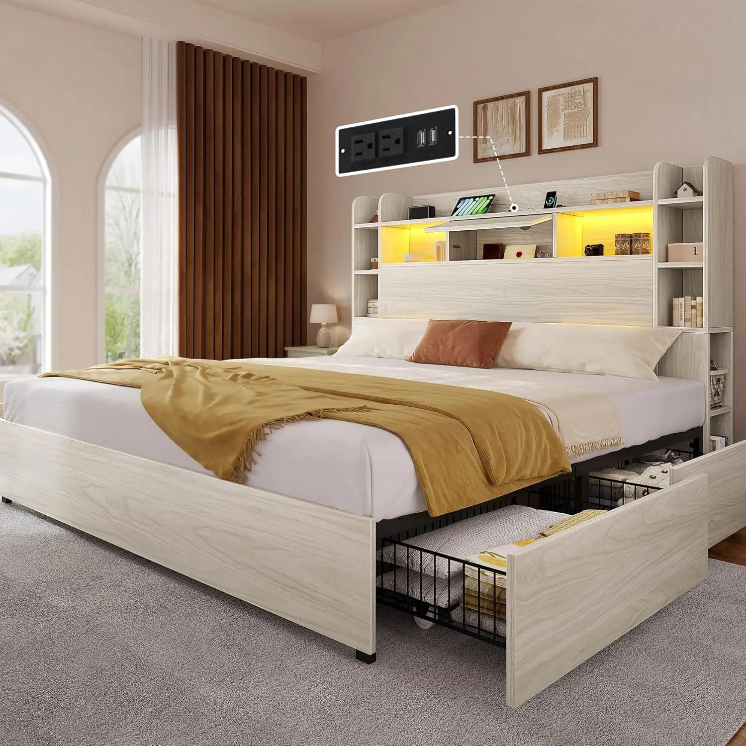 

Queen Size Bed Frame with Bookcase Headboard and 4 Storage Drawers, RGB LED Bed Frame with Type-C & USB Charging Station Sto