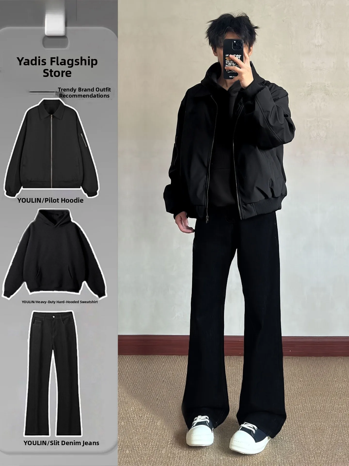 American Sle Pilot Jaet And Jeans Set Men's Autumn Winter Clete Ootd High Sensation Bla Denim Long Sve Casual Spo...