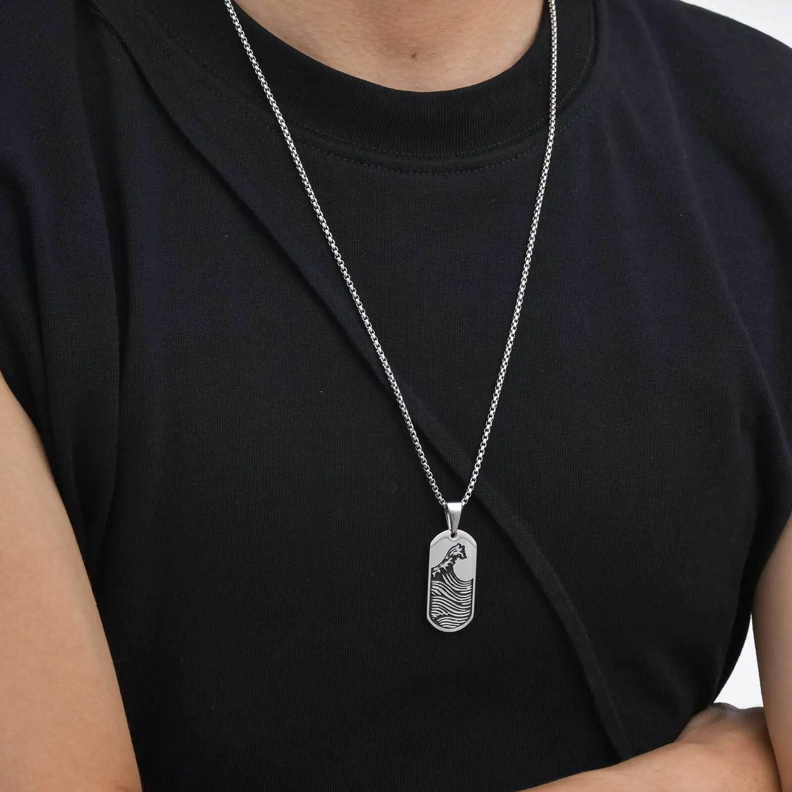 Punk-Seewellen-Erkennungsmarken-Halskette für Männer, Edelstahl, schwarzes Öl, Segelboot, Militär-Anhänger, Geschenk für Ehemann, Sohn, Vater – Detail 7