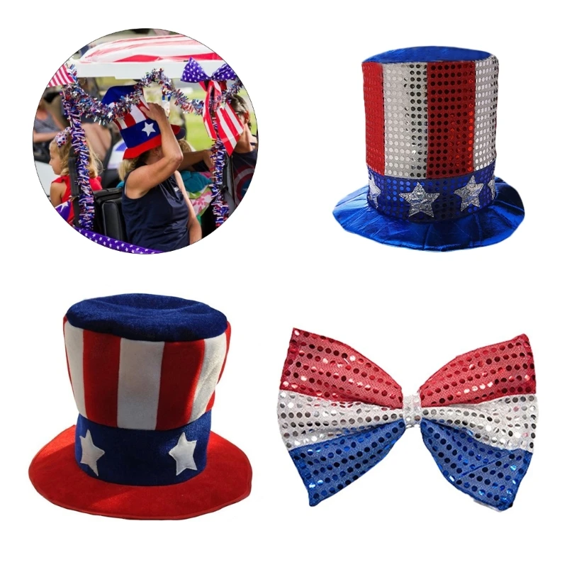 Amusement Park US Flags Hat with Sequins Bowtie Universal Men Vintage Hat Party Flat Top Bonnet Men  Hat