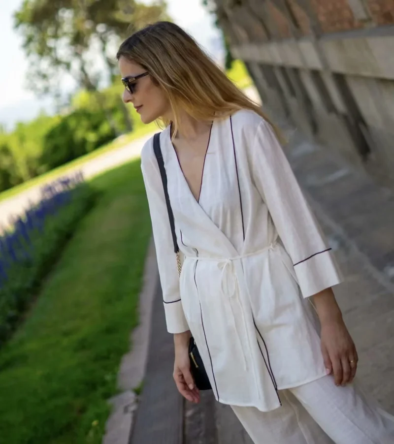 2025 chaqueta de falda doble de manga larga con diseño asimétrico y borde de color choque estilo festivo informal para mujer y pantalones sueltos de pierna ancha