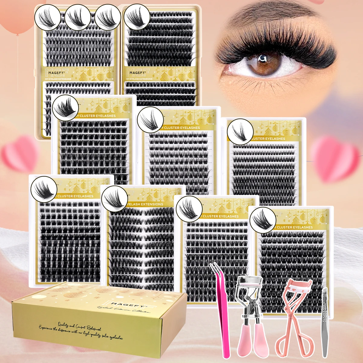 Magefy kit de cílios postiços 1840 clusters diy extensões de cílios naturais olho de gato cílios com cílios modelador pinças beleza dos olhos