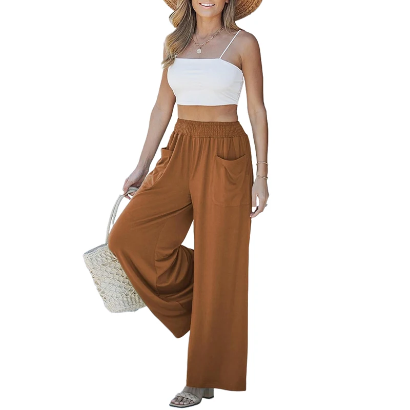 Wide Leg Pants For Women High Wasited Baggy Palazzo Pants Casual Pull On Bell Bottom Smocked Elastic Waist Pants