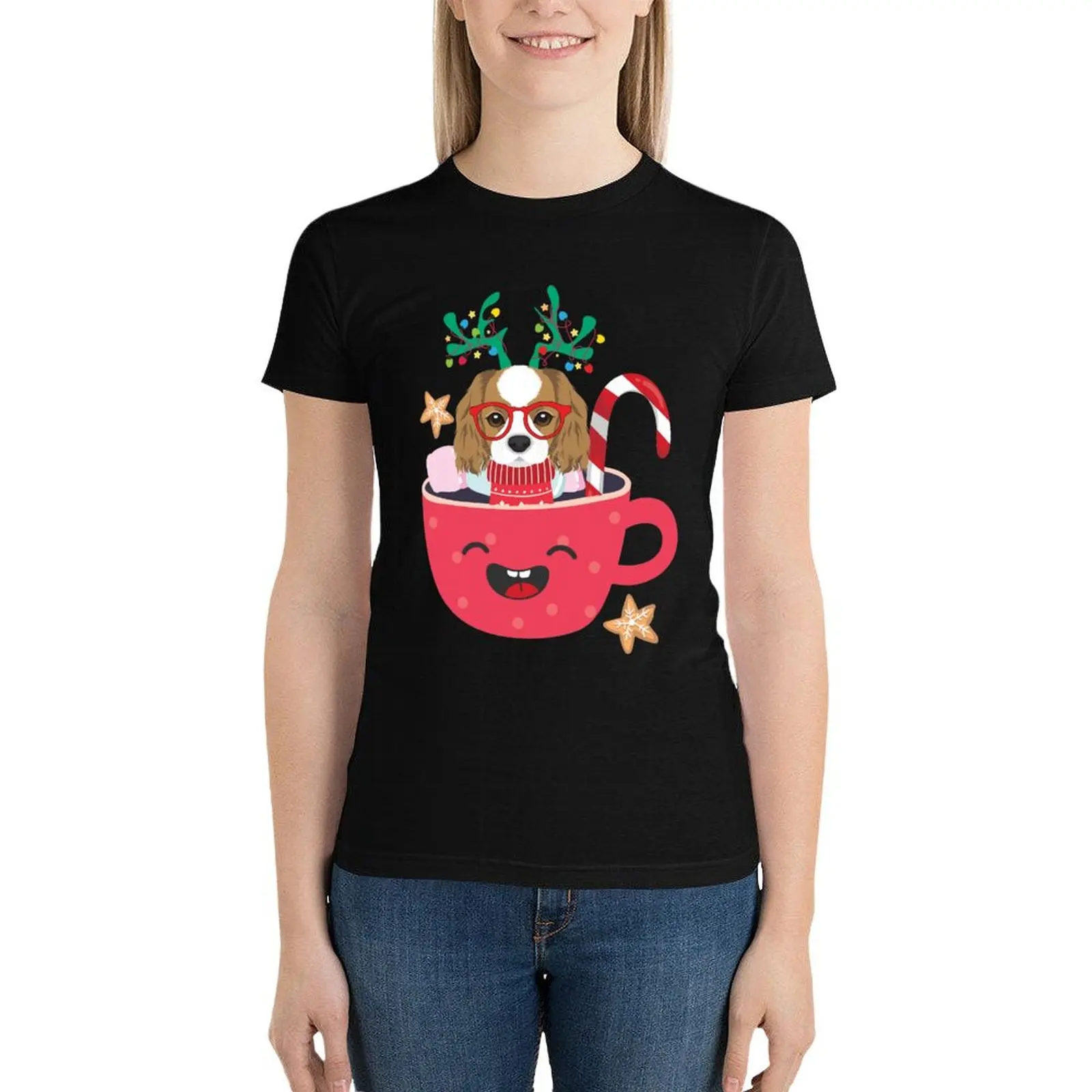 Cavalier King Charles Spaniel Teacup Xmas Holiday T-Shirt Short sleeve tee kawaii clothes Blouse lady clothes Womens clothing