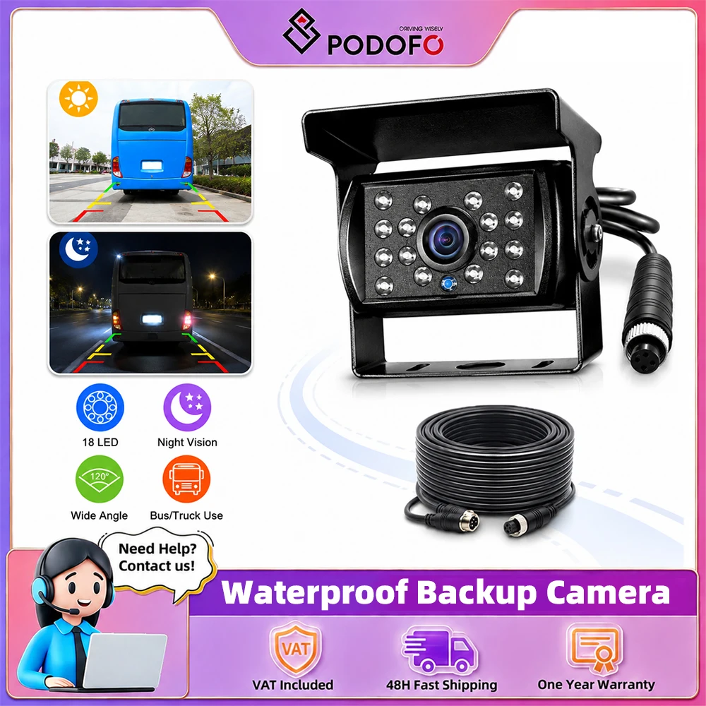 Caméra de recul Podofo pour voiture, étanche, moniteur de recul anti-interférence, vision nocturne, kit de caméra de recul pour camion, bus, fourgonnette, camping-car, remorque, véhicule lourd.