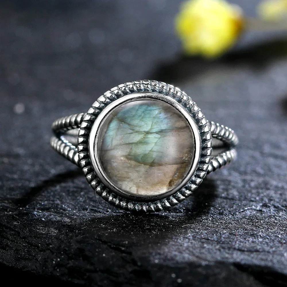 Silver Ring for Women Oval Round Natural Labradorite Ring Gift Sun Shaped Retro Luxury Fine Jewelry