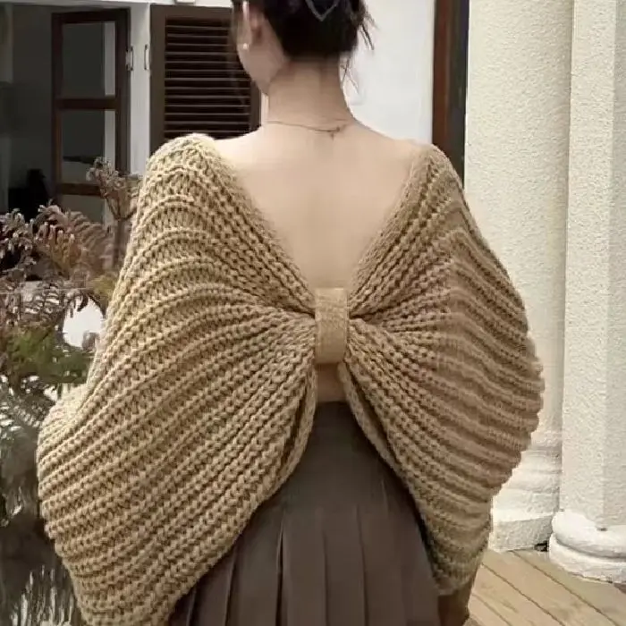 Backless Knitted Sweater for Women, Autumn and Winter Vintage Loose Lazy High-end Elegant Sweater