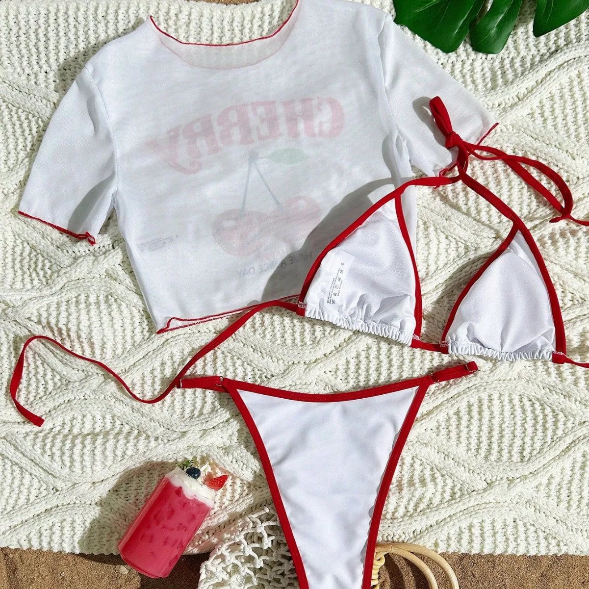 3Pcs Cherry Print Bikini Set Short Sleeve Crop Top Wrap Skirt Cover Up Women Beach Swimwear Festival Party Bathing Suit