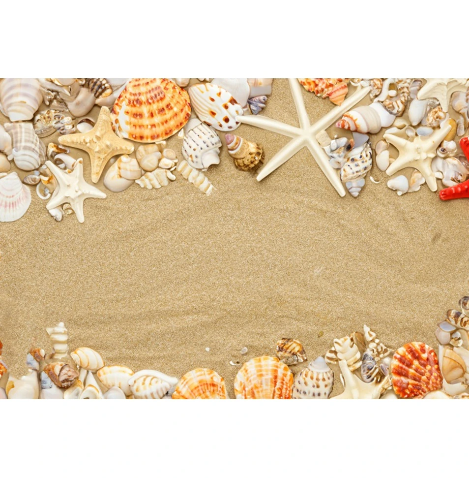 Fondo de playa de verano, playa de arena, concha, Concha, estrella de mar, fiesta de cumpleaños, retrato de vacaciones para bebés y niños, fondo de fotografía