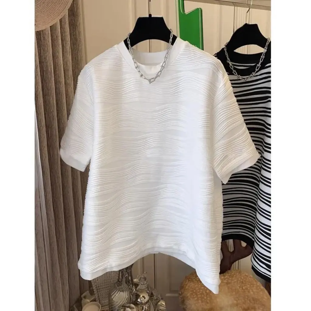 

Женская футболка с короткими рукавами и 3D волнистым узором, летняя свободная посадка, универсальный модный топ высокого класса