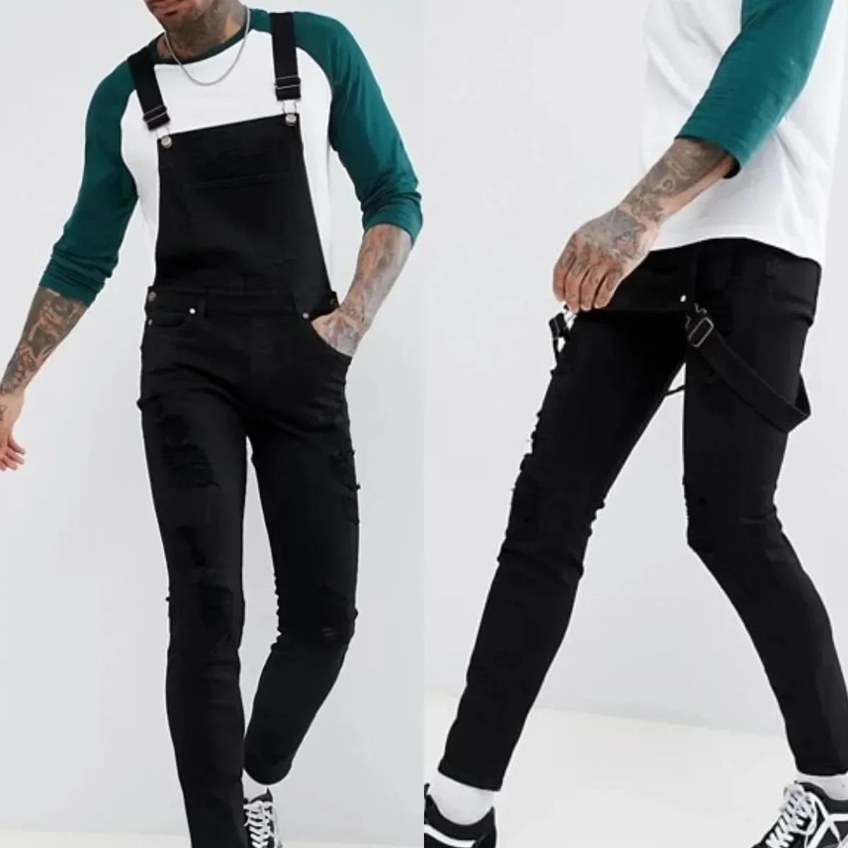 

Men Overalls Jeans Ripped Bib Denim Jumpsuits New Fashion Srping Summer Casual Streetwear Cargo Work Pants Trousers Lugentolo