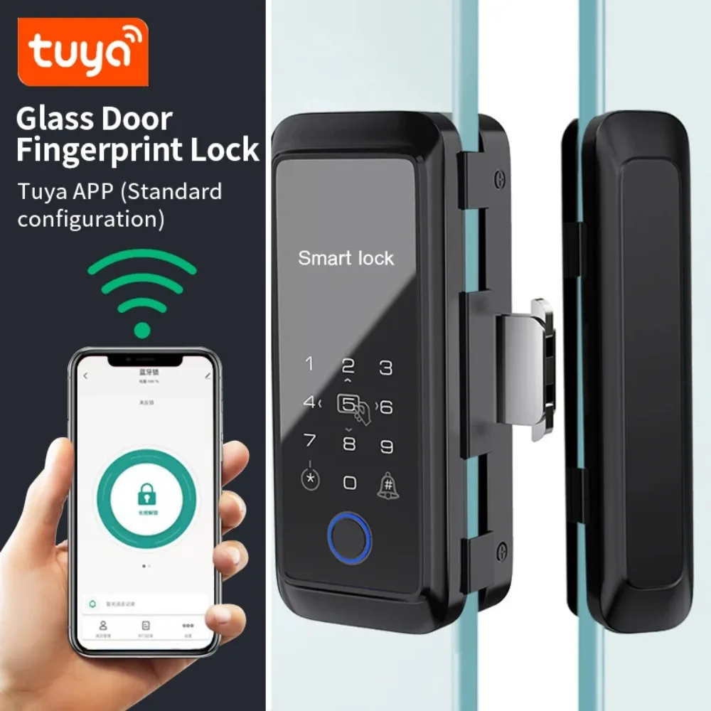 Bluetooth RFID Electronic Single Double Glass Door Boltlock Tuya APP Control Sliding Glass Lock Fingerprint Smart Lock